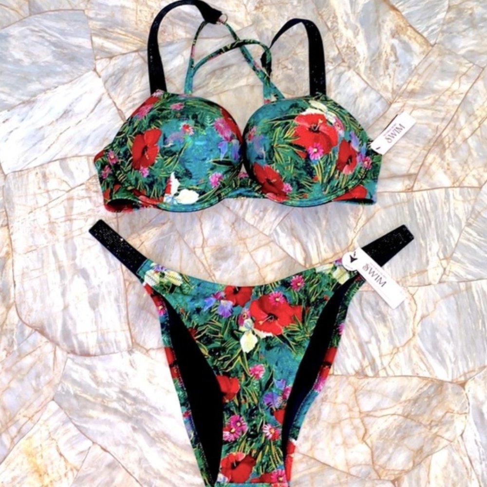 2 Pc Set Victoria's Secret 32c Bombshell Bikini Small Bottoms Shine Strap Swim